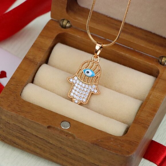 "Rose Gold Hamsa Hand Pendant with Evil Eye and Crystal Accents, XPPT1609 - Picture 5 of 13